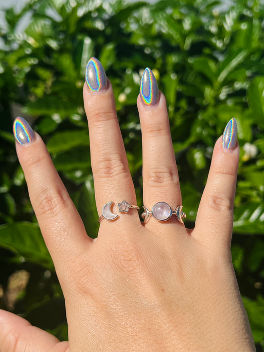 Sterling Silver Star & Moon Rainbow Moonstone Ring