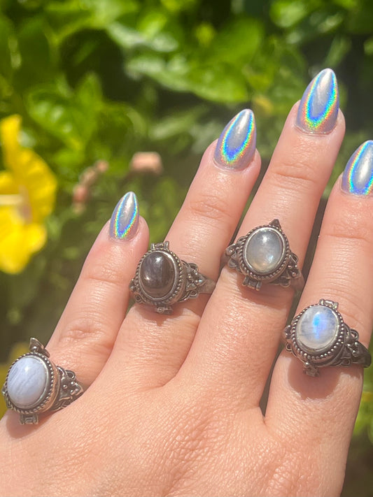 Mystic Moon Locket Ring - Rainbow Moonstone