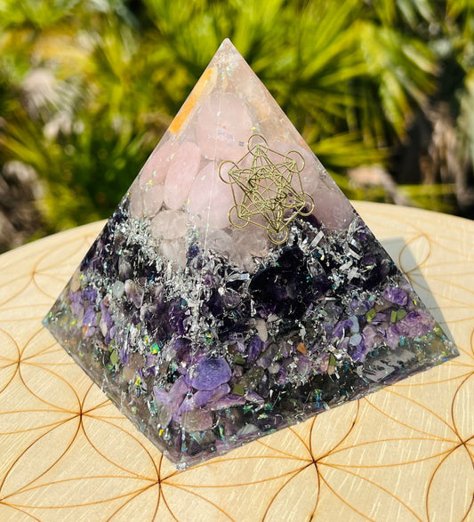 Rose Quartz Amethyst & Charoite Orgonite Pyramid (XLarge)