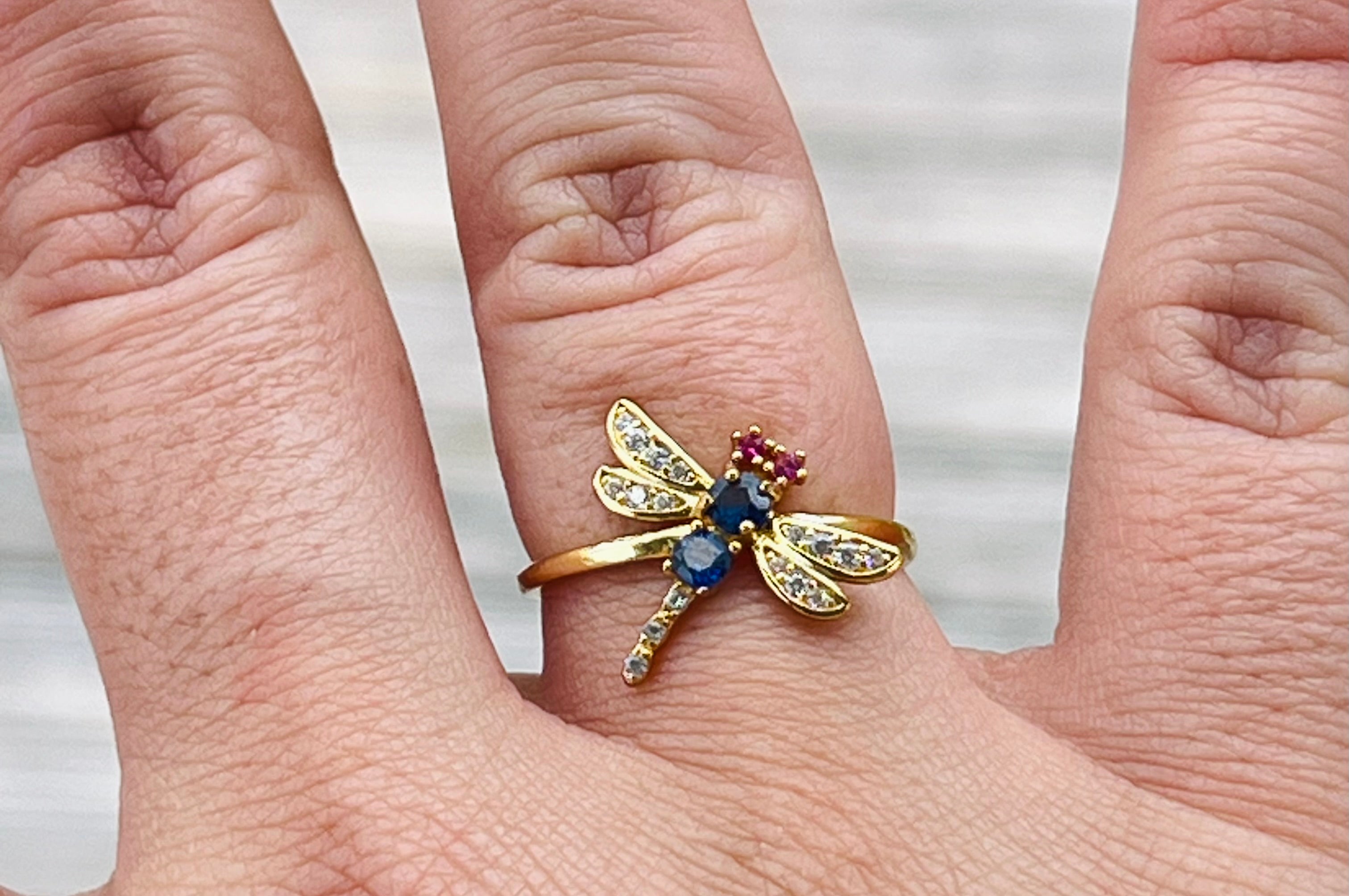 Saphire & Pink Tourmaline Dragonfly Ring