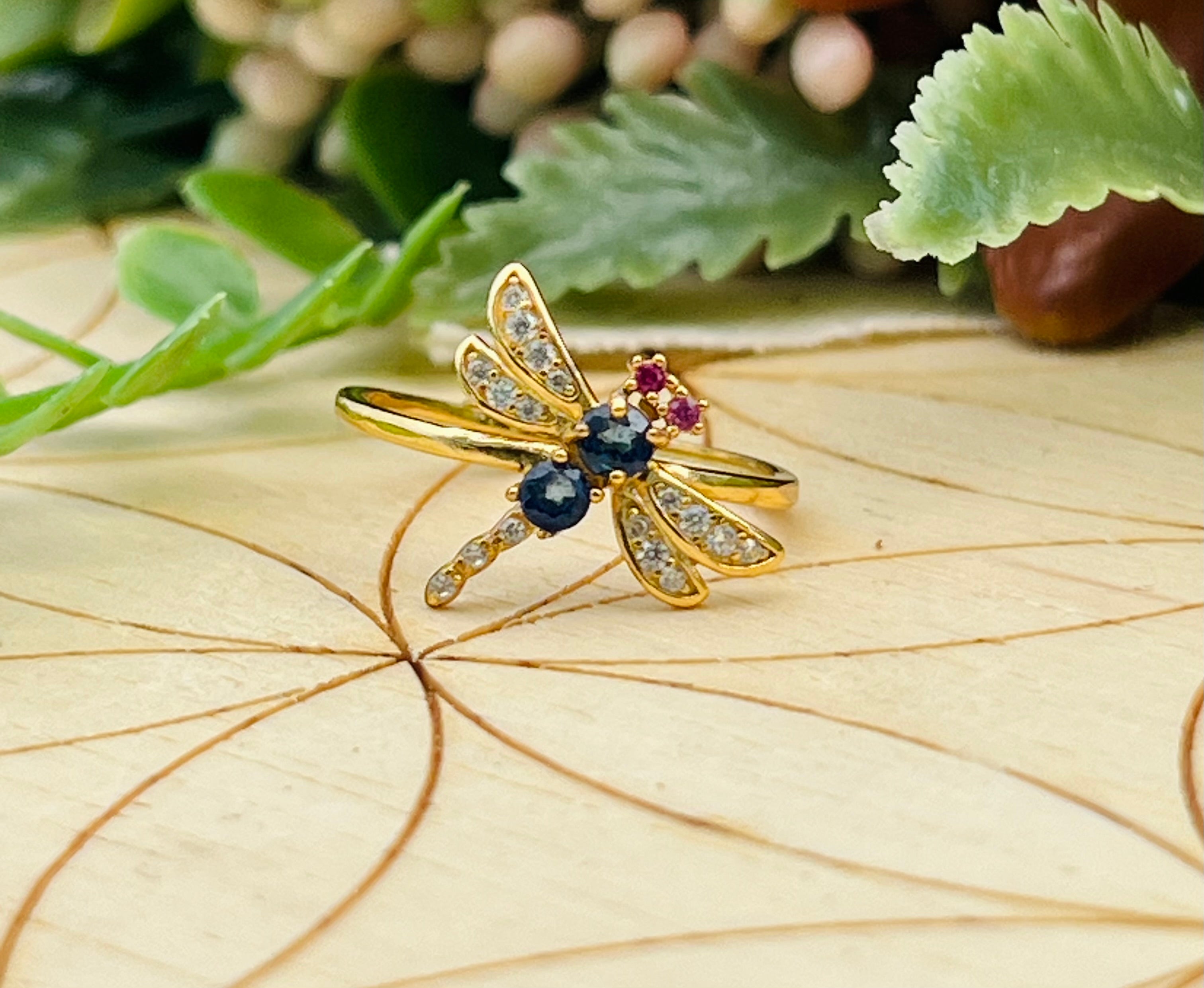 Saphire & Pink Tourmaline Dragonfly Ring