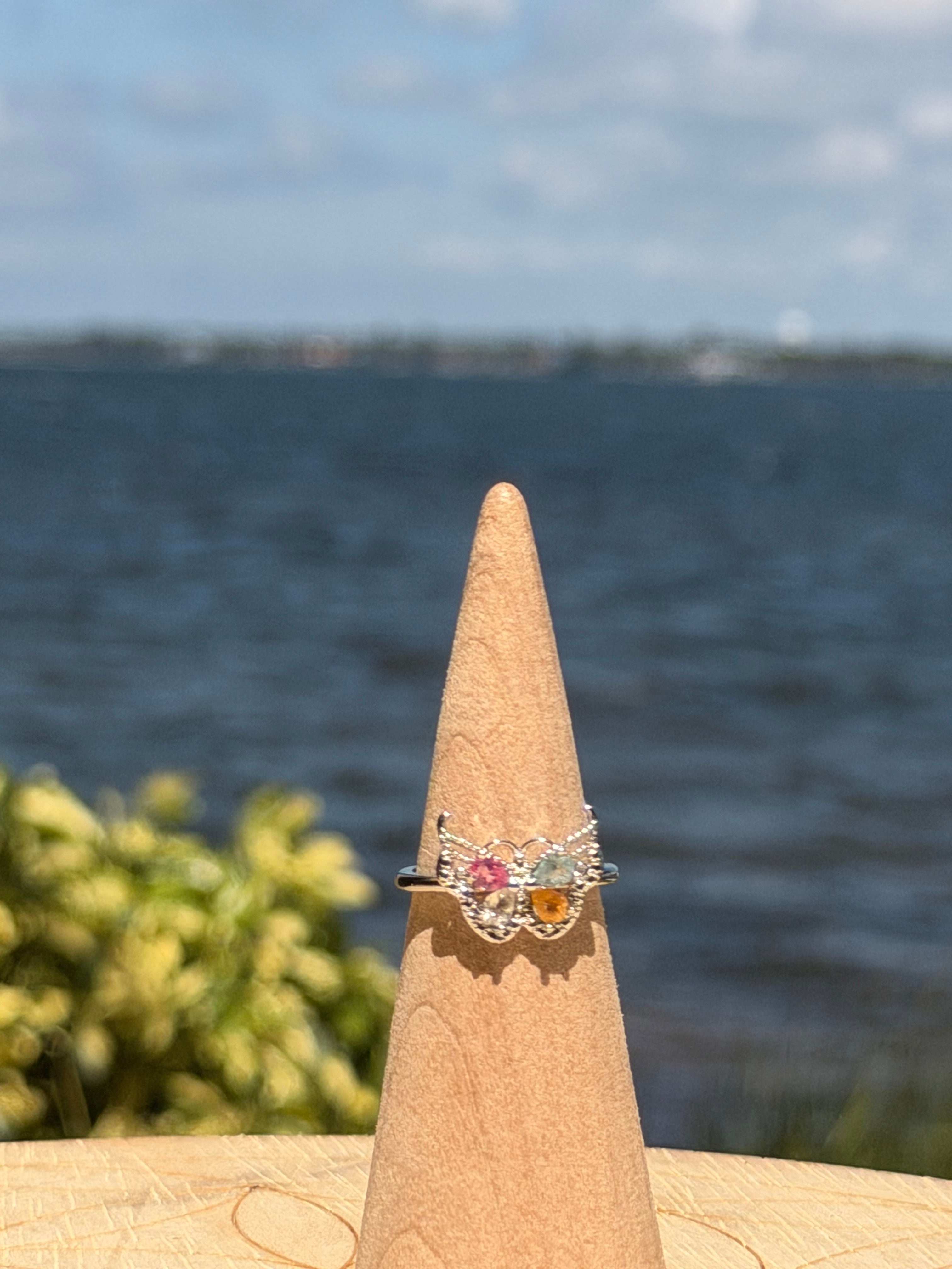 🦋 Butterfly Rainbow Tourmaline Adjustable Ring