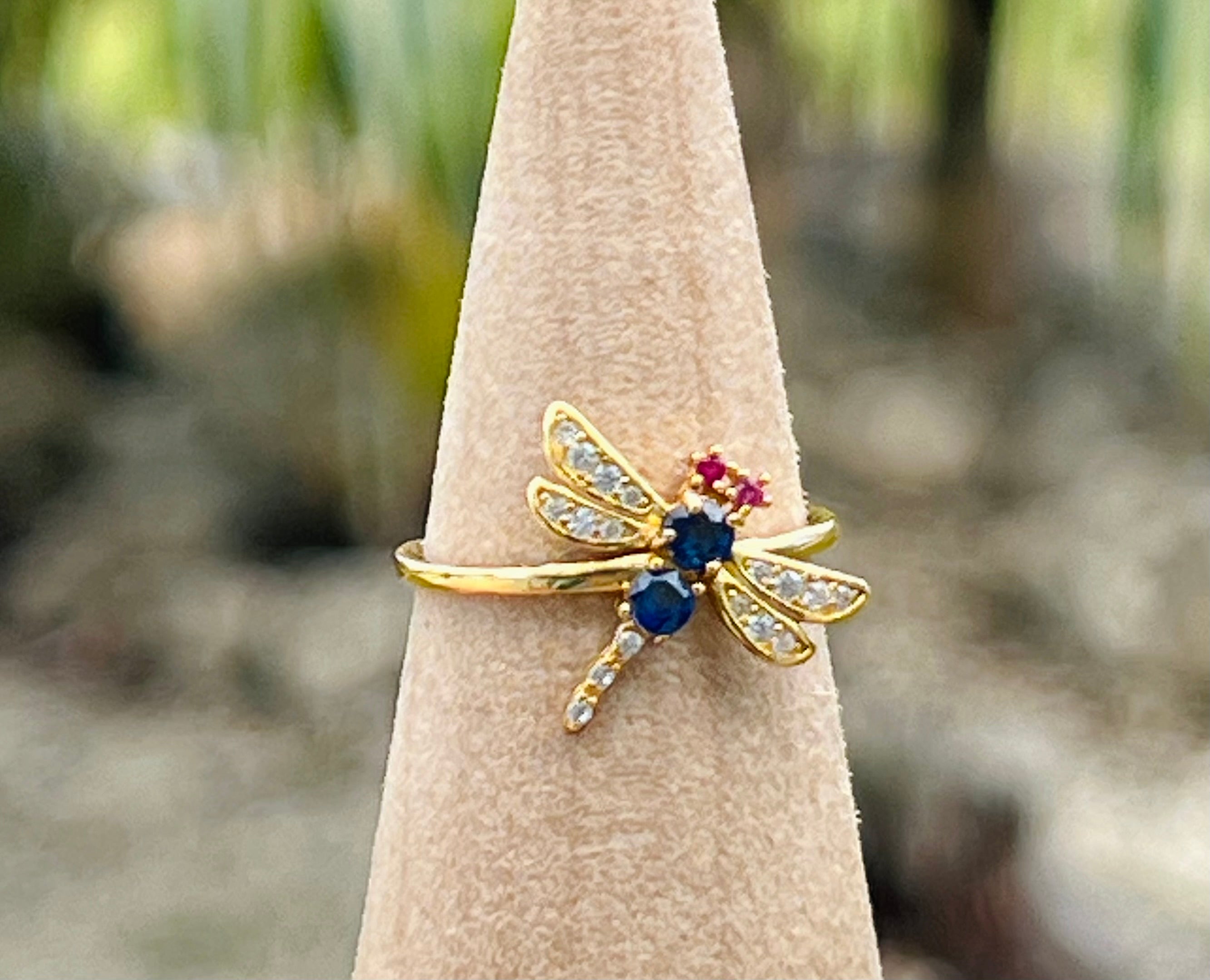 Saphire & Pink Tourmaline Dragonfly Ring