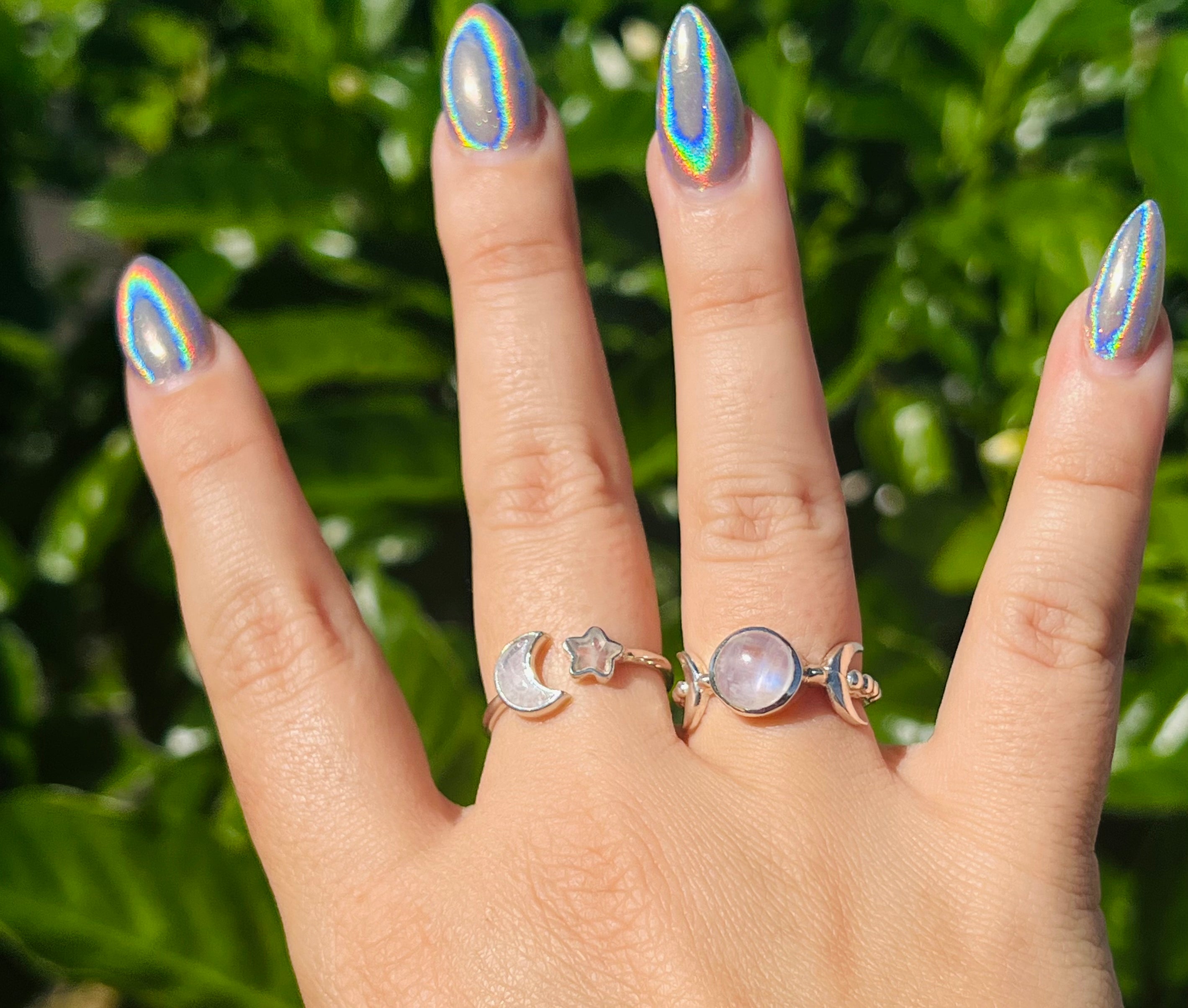 Sterling Silver Star & Moon Rainbow Moonstone Ring