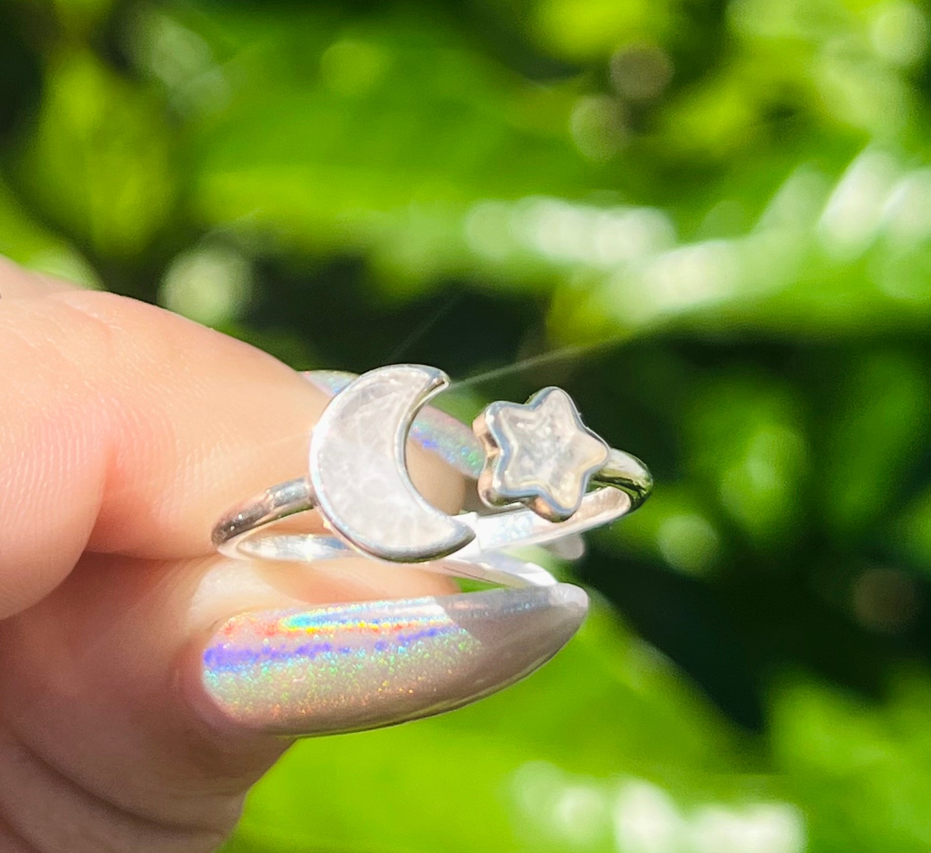 Sterling Silver Star & Moon Rainbow Moonstone Ring