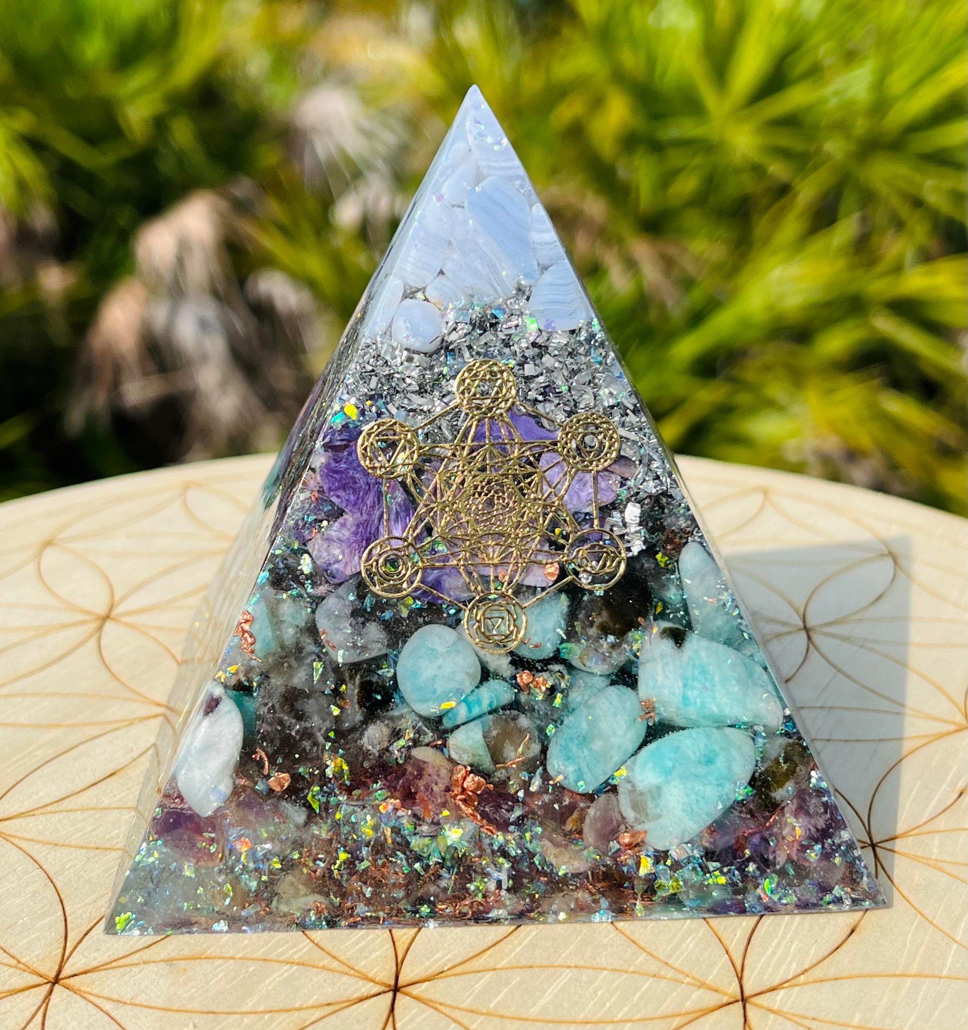 Blue Lace Agate, Charoite, Amazonite & Auralite 23 Orgonite Pyramid (XLarge)