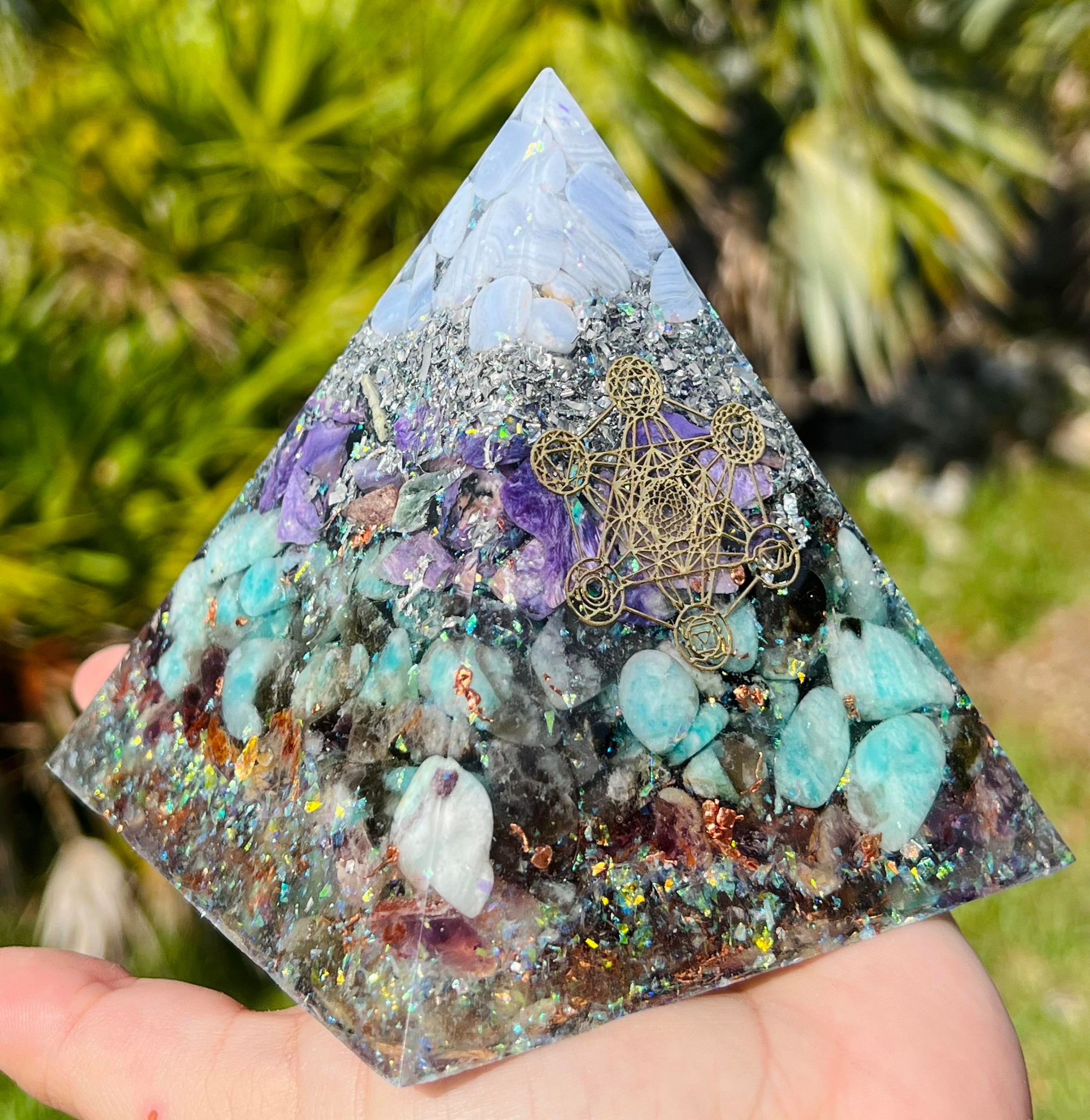 Blue Lace Agate, Charoite, Amazonite & Auralite 23 Orgonite Pyramid (XLarge)