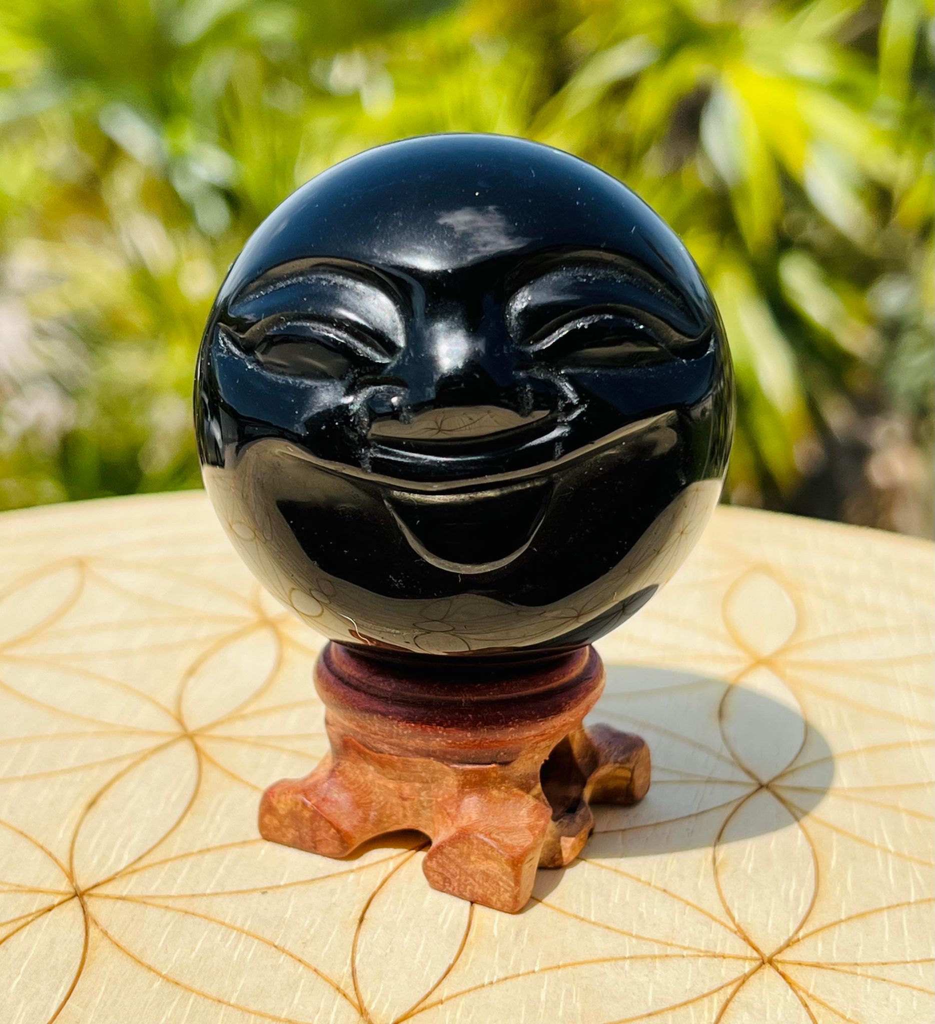 Black Obsidian Happy Moon Carved Sphere