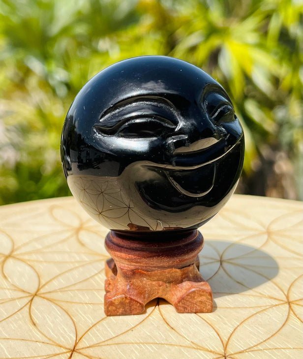 Black Obsidian Happy Moon Carved Sphere
