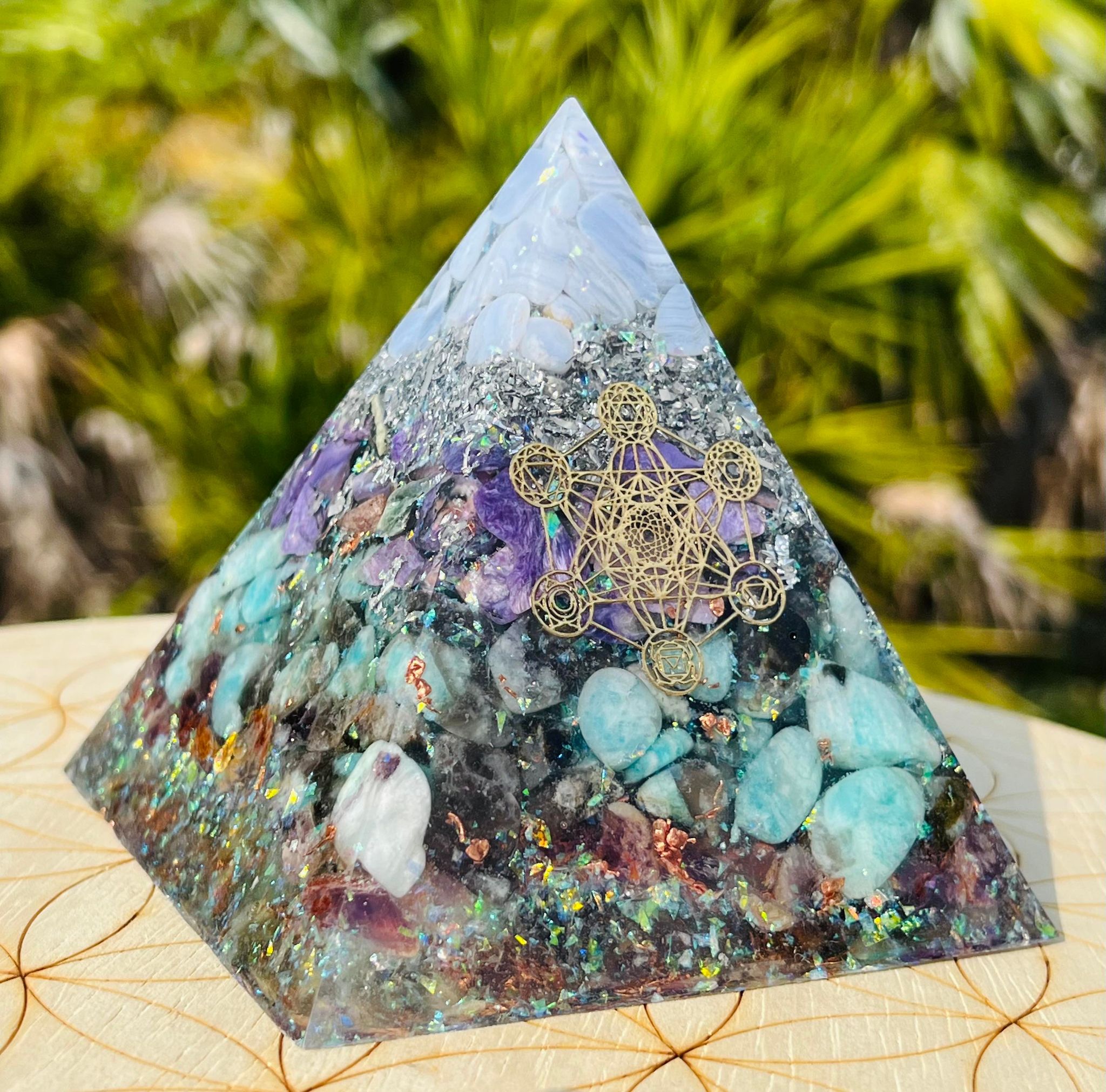 Blue Lace Agate, Charoite, Amazonite & Auralite 23 Orgonite Pyramid (XLarge)