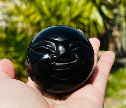 Black Obsidian Happy Moon Carved Sphere