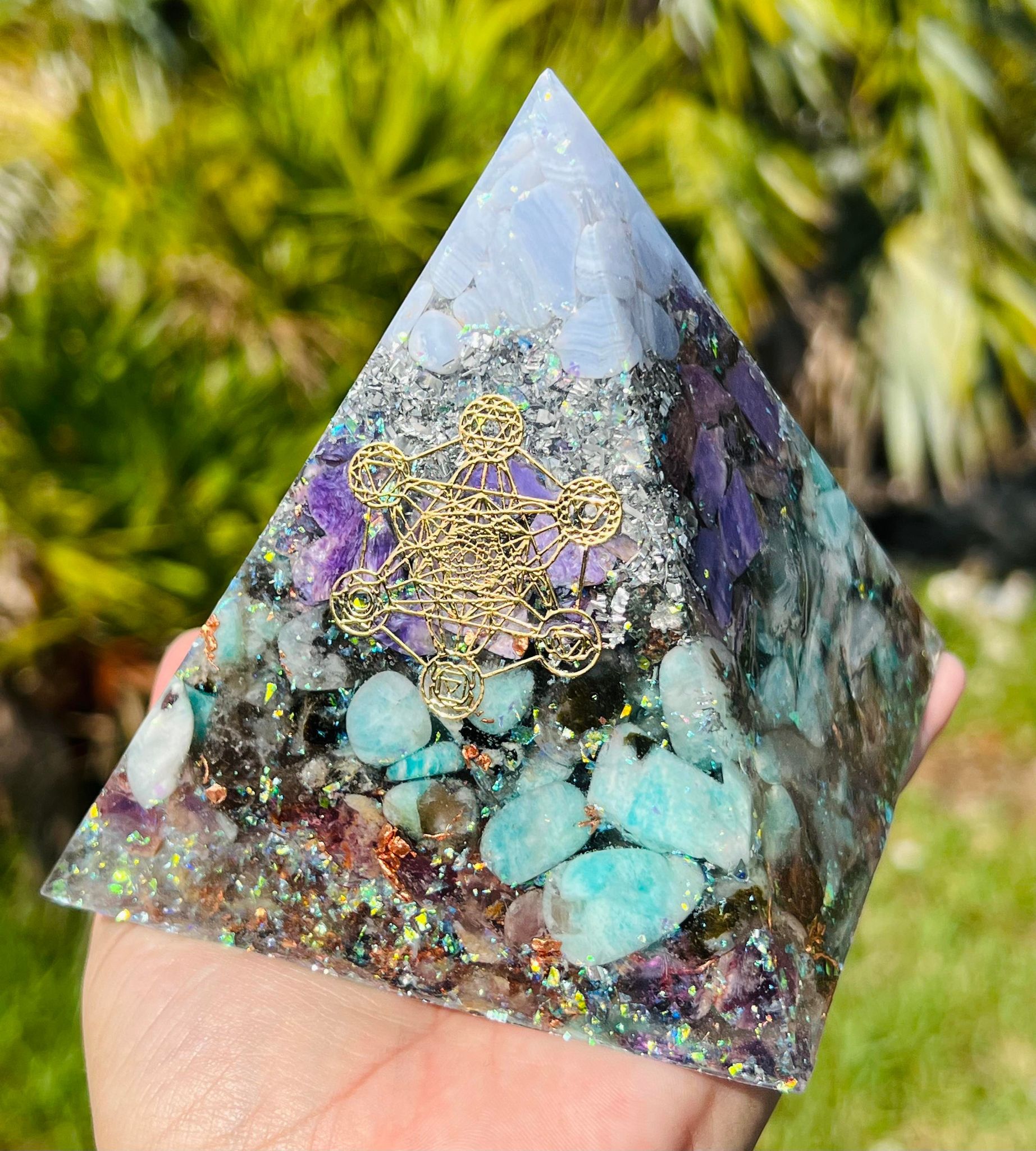 Blue Lace Agate, Charoite, Amazonite & Auralite 23 Orgonite Pyramid (XLarge)