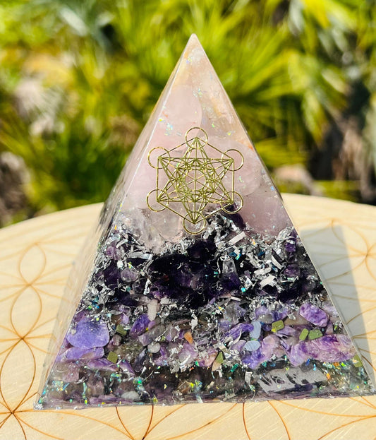 Rose Quartz Amethyst & Charoite Orgonite Pyramid (XLarge)