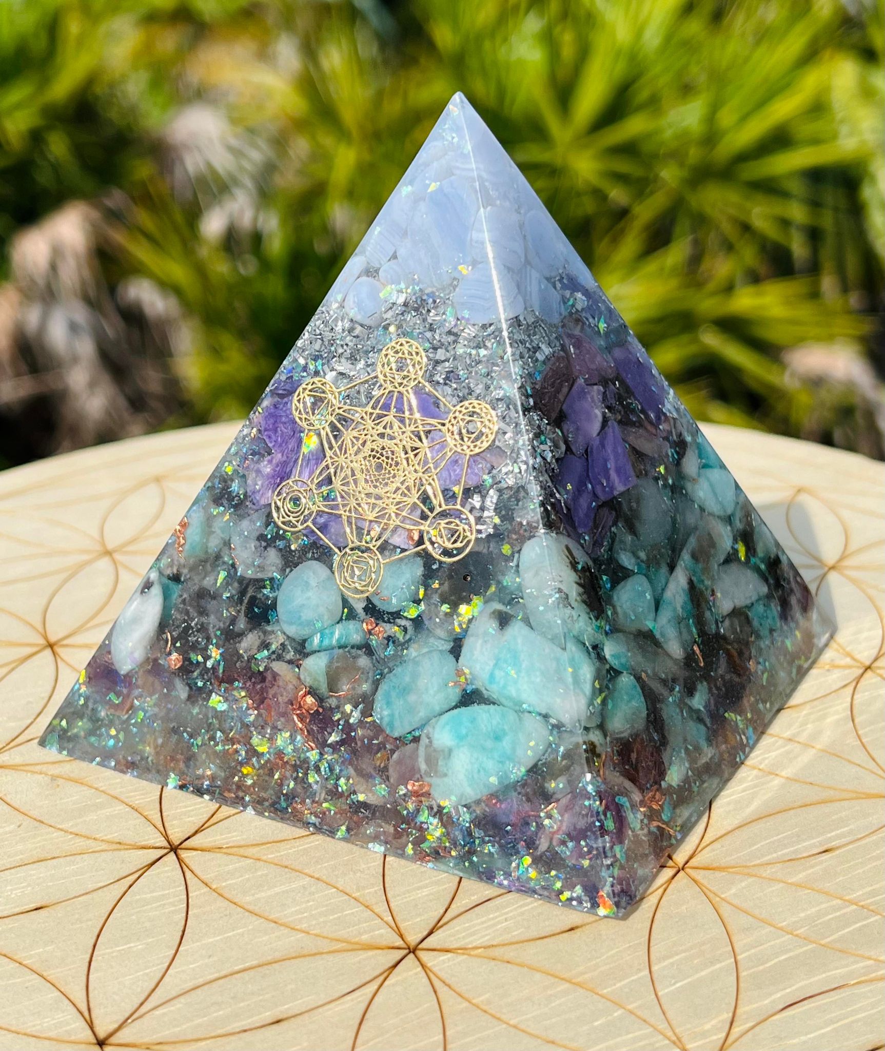 Blue Lace Agate, Charoite, Amazonite & Auralite 23 Orgonite Pyramid (XLarge)